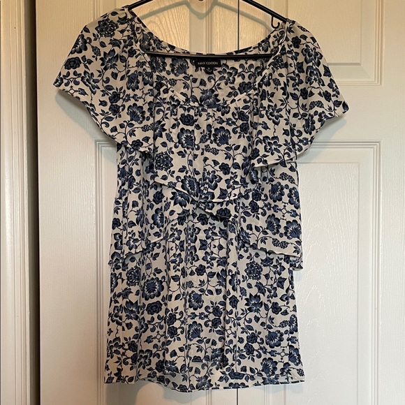 Women’s M Max Edition ruffle top blue/black scoop neck floral lightweight flowy - Picture 2 of 12